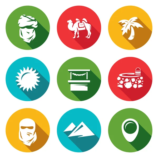 Vector Set van iconen van de Midden-Oosten. Arabische, Camel, Palm, zon, markt, Nou, sluier, woestijn, aanwijzer. — Stockvector