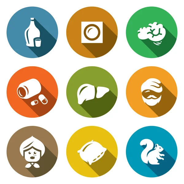 Vector Set of Alcohol Addiction Icons. Hooch, patch, brain, pills, liver, alcoholic, old woman, pillow, squirrel. — Stock Vector