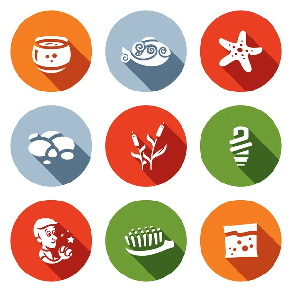Vector Set of Aquarium Icons. Capacity, fish, starfish, pebble, reed, light, desire, brush, feed. — Stock Vector