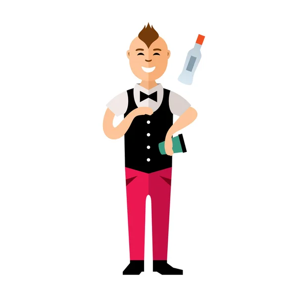 Vector barman jongleur. Virtuoze cocktails aan de bar. Vlakke stijl kleurrijke Cartoon afbeelding. — Stockvector