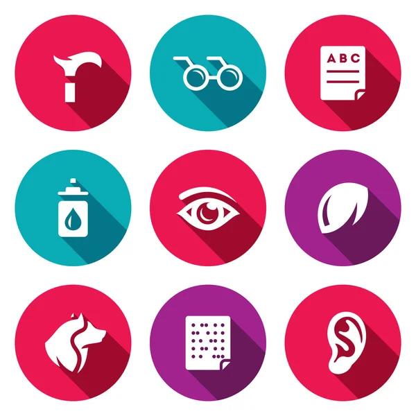 Set vettoriale di icone della disabilità. Zoppia, cecità, diagnostica, prevenzione, visione, occhio, lenti a contatto, guida, braille, sordità . — Vettoriale Stock