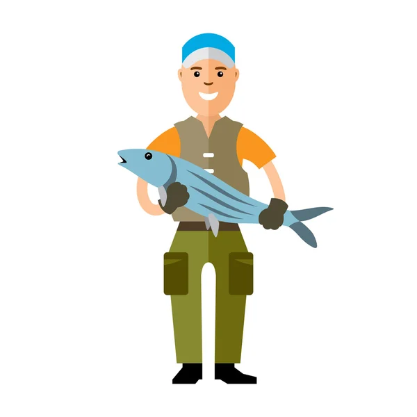 Concepto de pesca vectorial. Pescador con peces grandes. Estilo plano colorido ilustración de dibujos animados . — Vector de stock