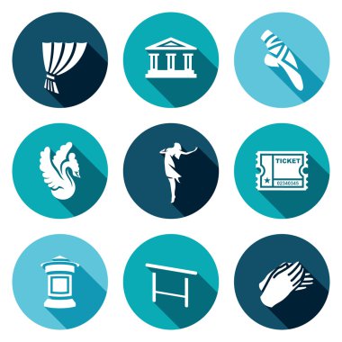 Vektör bale simgeler kümesi. Perde, tiyatro, Pointe, kuğu, balerin, Bilet, Poster, Barre, alkış