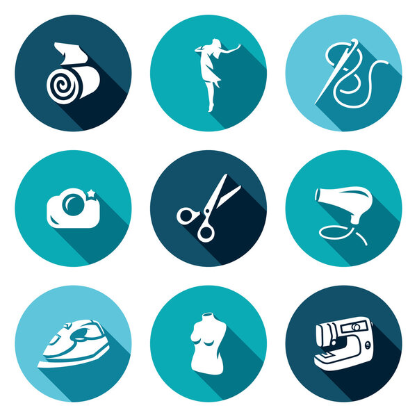 Vector Set of Sewing Studio Icons. Matter, Model, Needle and Thread, Camera, Scissors, Hair Dryer, Iron, Mannequin, Equipment.