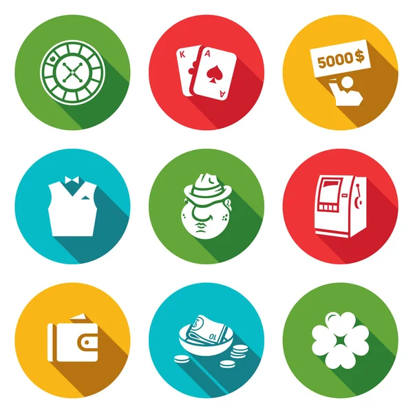 Vector Set van Casino iconen. Roulette, dek, Win, Croupier, Bandit, fruitautomaat, portemonnee, geld, geluk. — Stockvector