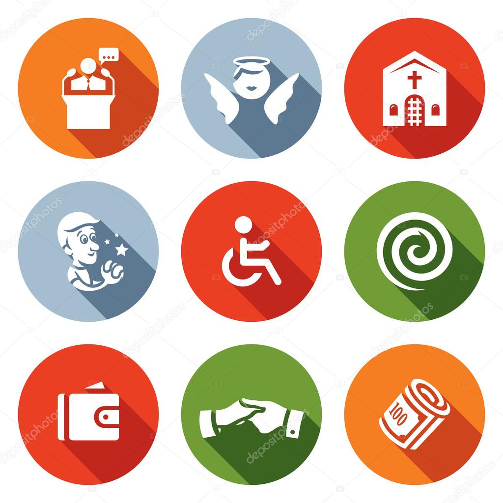 Vector Set of Church and Faith Icons. Pastor, Angel, Sanctuary, Prayer, Disabled, Hypnosis, Purse, Help, Charity.