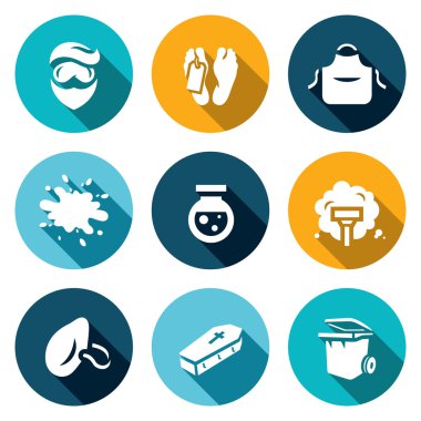 Vector Set of Cleaning after the murder Icons. Man, Morgue, Uniform, Blood, Reagent, Vacuum Cleaner, Dust Mask, Coffin, Trash can. clipart