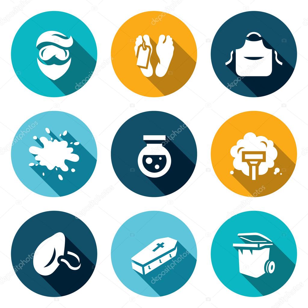 Vector Set of Cleaning after the murder Icons. Man, Morgue, Uniform, Blood, Reagent, Vacuum Cleaner, Dust Mask, Coffin, Trash can.