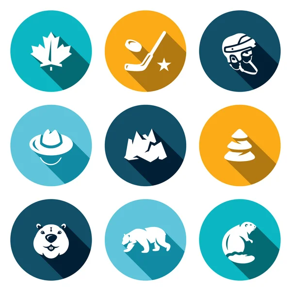 Διάνυσμα σύνολο εικονιδίων του Καναδά. Φύλλο σφενδάμνου, χόκεϊ, κράνος, Scout, βουνό, δάσος, κάστορας, πολική αρκούδα. — Διανυσματικό Αρχείο