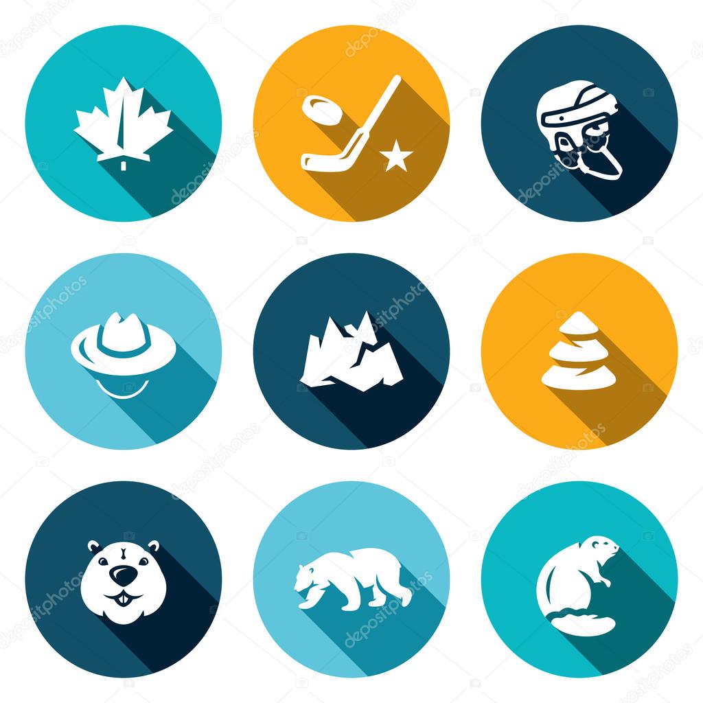 Vector Set of Canada Icons. Maple Leaf, Hockey, Helmet, Scout, Mountain, Forest, Beaver, Polar Bear.