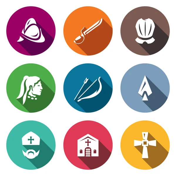 Vector Set of Spanish Conquistador Icons. Helmet, Saber, Armor, Native American, Bow, Arrow, Spear, Bishop, Church, Cross. — Stock Vector