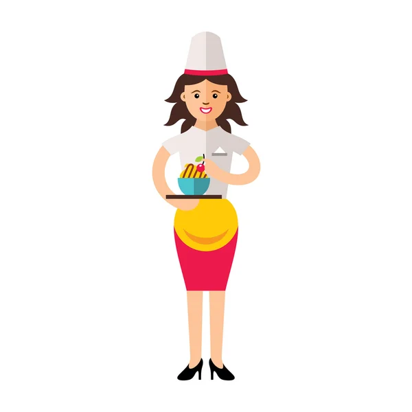 Διάνυσμα όμορφη γυναίκα σεφ με νόστιμο επιδόρπιο. Επίπεδη στυλ πολύχρωμα καρτούν εικονογράφηση. — Διανυσματικό Αρχείο