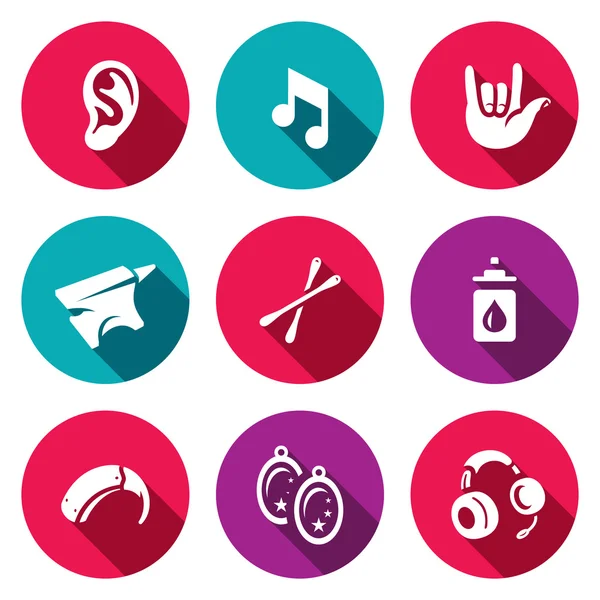 Conjunto vectorial de iconos de sordera. Oído, sonido, lenguaje de señas, yunque, hisopo de algodón, ácido bórico, audífono, pendiente, auriculares . — Vector de stock