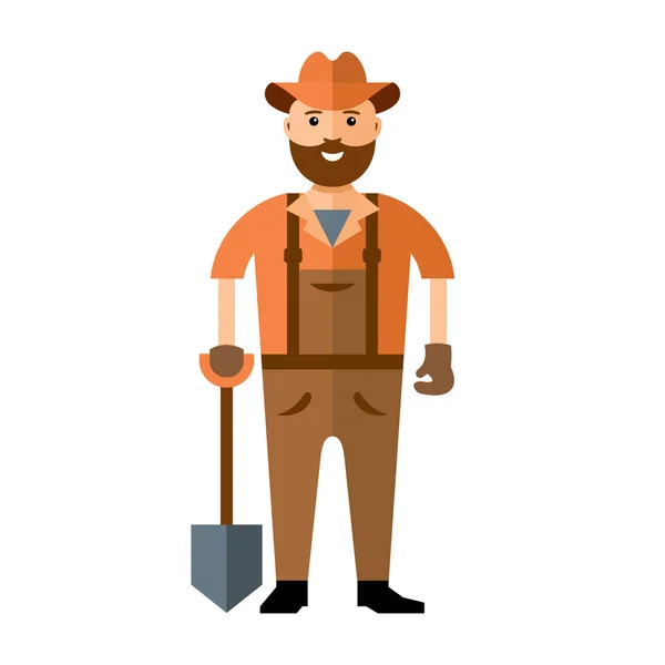 Vector hombre con pala listo para trabajar. Estilo plano colorido ilustración de dibujos animados . — Vector de stock