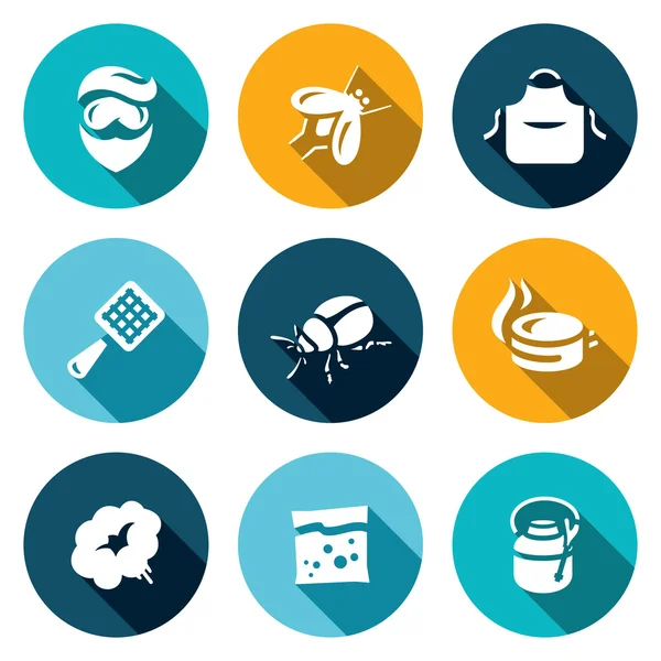 Vector Set of Disinfection Icons. Man, fly, apron, fly swatter, bug, trap, smoke, poison sprayer. — Stock Vector