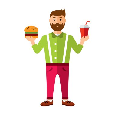 Vektör mutlu hipster adamla hamburger ve içki. Düz stil renkli karikatür resimde.