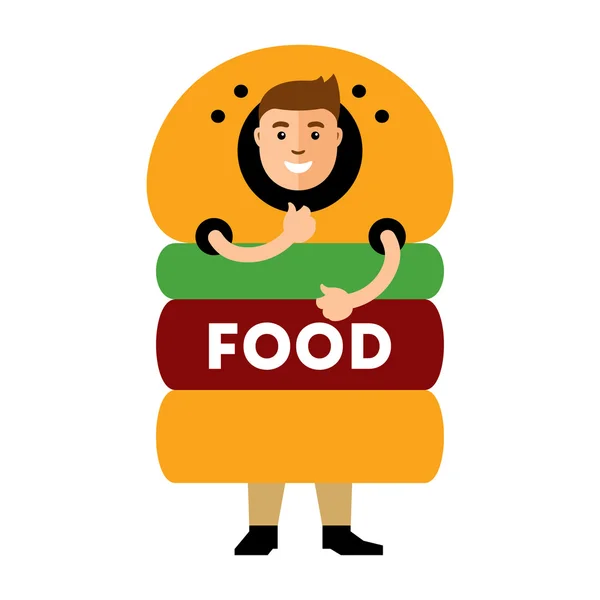 Vector Happy hipster man in hamburger. Stile piatto colorato illustrazione del fumetto . — Vettoriale Stock