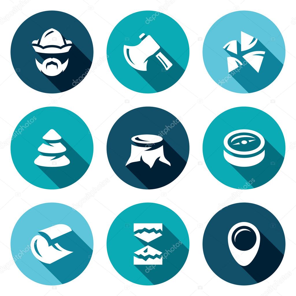 Vector Set of Firewood in the forest Icons. Woodcutter, Tool, Stack, Timber, Stump, Direction, Cutting, Felling, Plot.