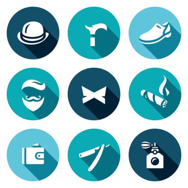 Vektör beyefendi simgeler kümesi. Melon, baston, Ayakkabı, elbise, kelebek, puro, çanta, jilet, parfüm.