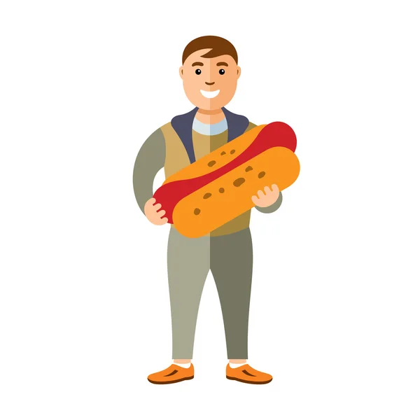Vector Happy hipster uomo con hot dog. Stile piatto colorato illustrazione del fumetto . — Vettoriale Stock