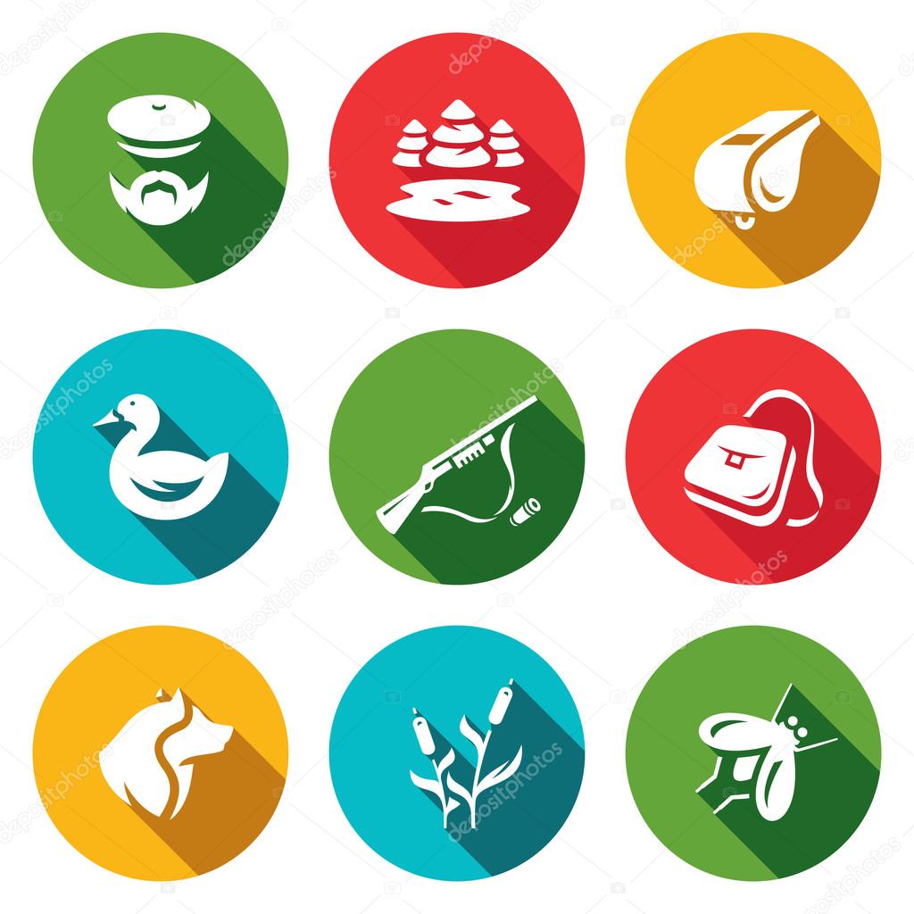 Vector Set of Hunting Icons. Hunter, nature, whistle, duck, rifle, bag, dog, cane, mosquito.