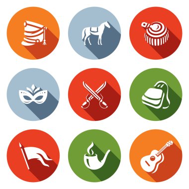 Süvariler simgeler vektör kümesi. Sorguçlu asker şapkası, at, apolet, karnaval, savaş, Sabretache, afiş, tütün, gitar.