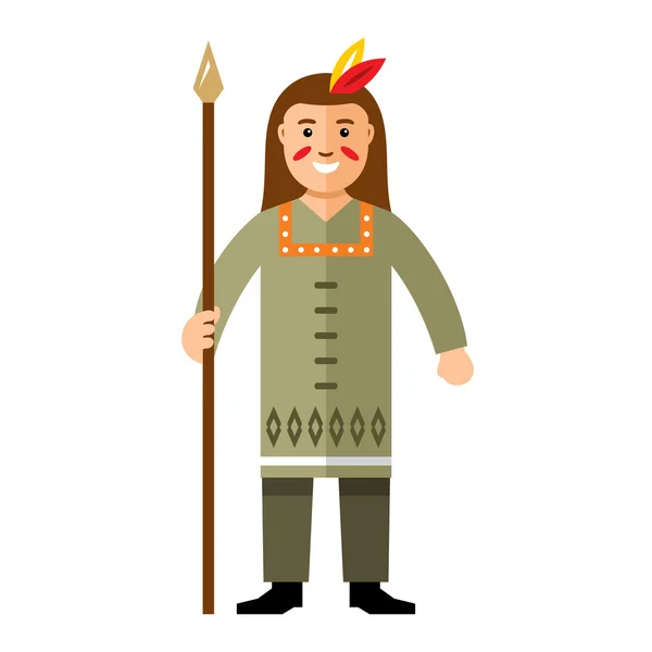 Vector indio con una lanza. Estilo plano colorido ilustración de dibujos animados . — Vector de stock