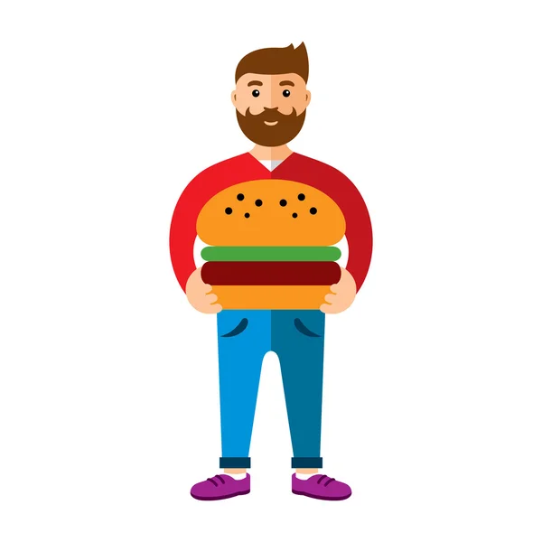 Vector Happy hipster man con hamburger. Stile piatto colorato illustrazione del fumetto . — Vettoriale Stock