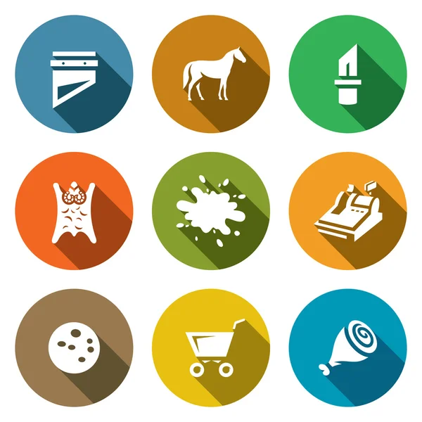Vector Set of Meat Processing Plant Icons. Guillotine, Horse, Knife, Skin, Blood, Cash, Sausage, Food Truck, Leg. — Stock Vector