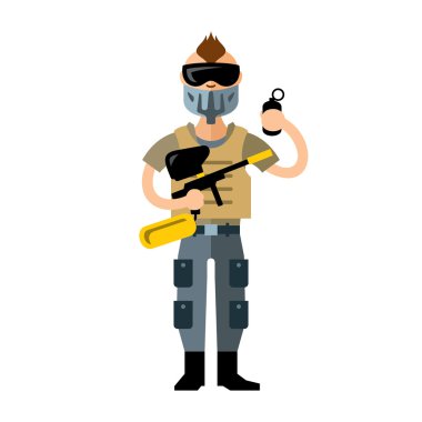 Vektör Paintball oyuncu. Düz stil renkli karikatür resimde.