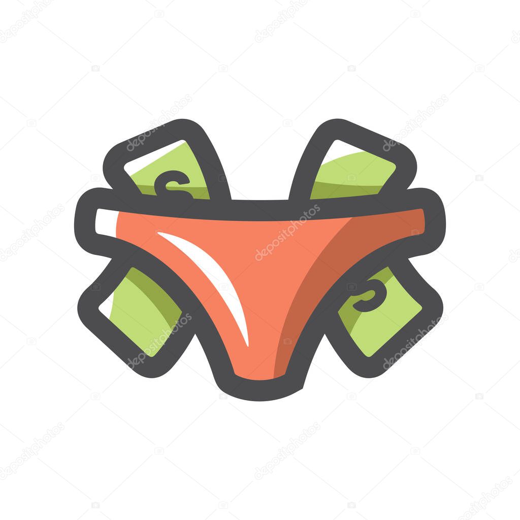 Panties and money dollars in underwear Vector icon Cartoon illustration