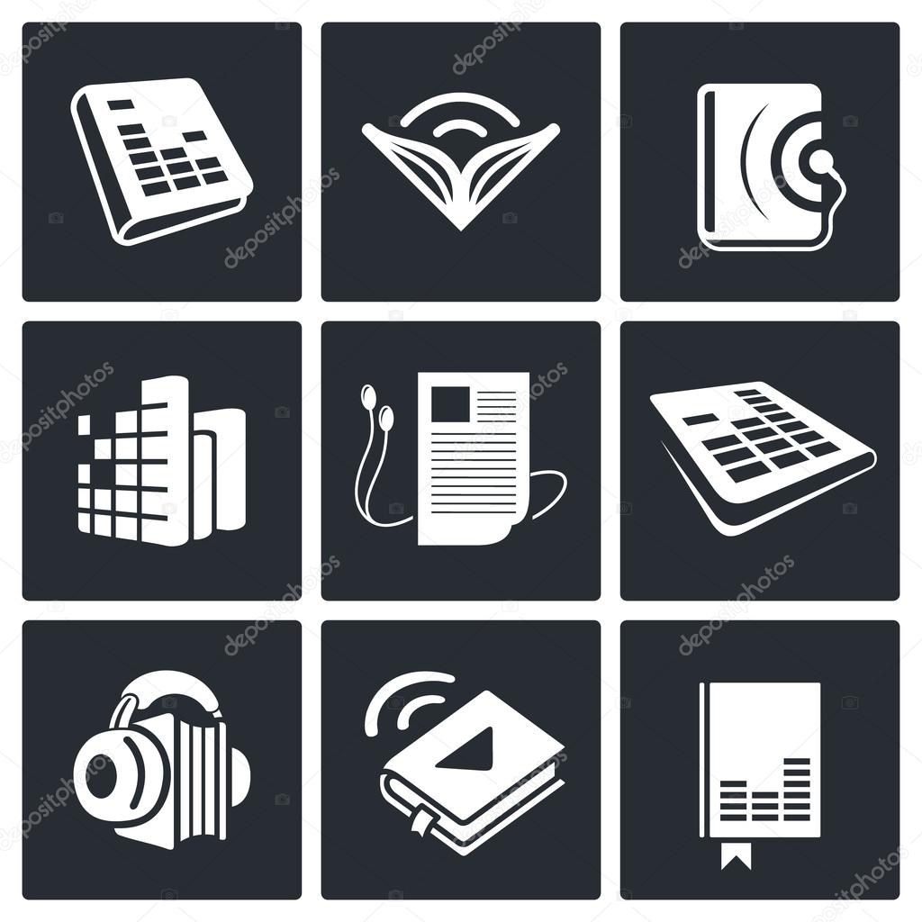 Audio book icon collection on a black background