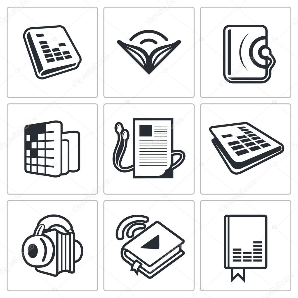 Audio book icon collection on a white background