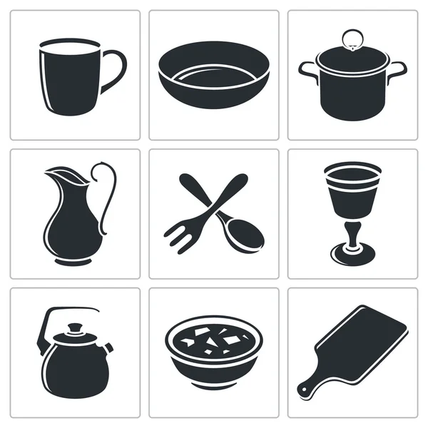Vajilla, juego de iconos de cocina — Vector de stock