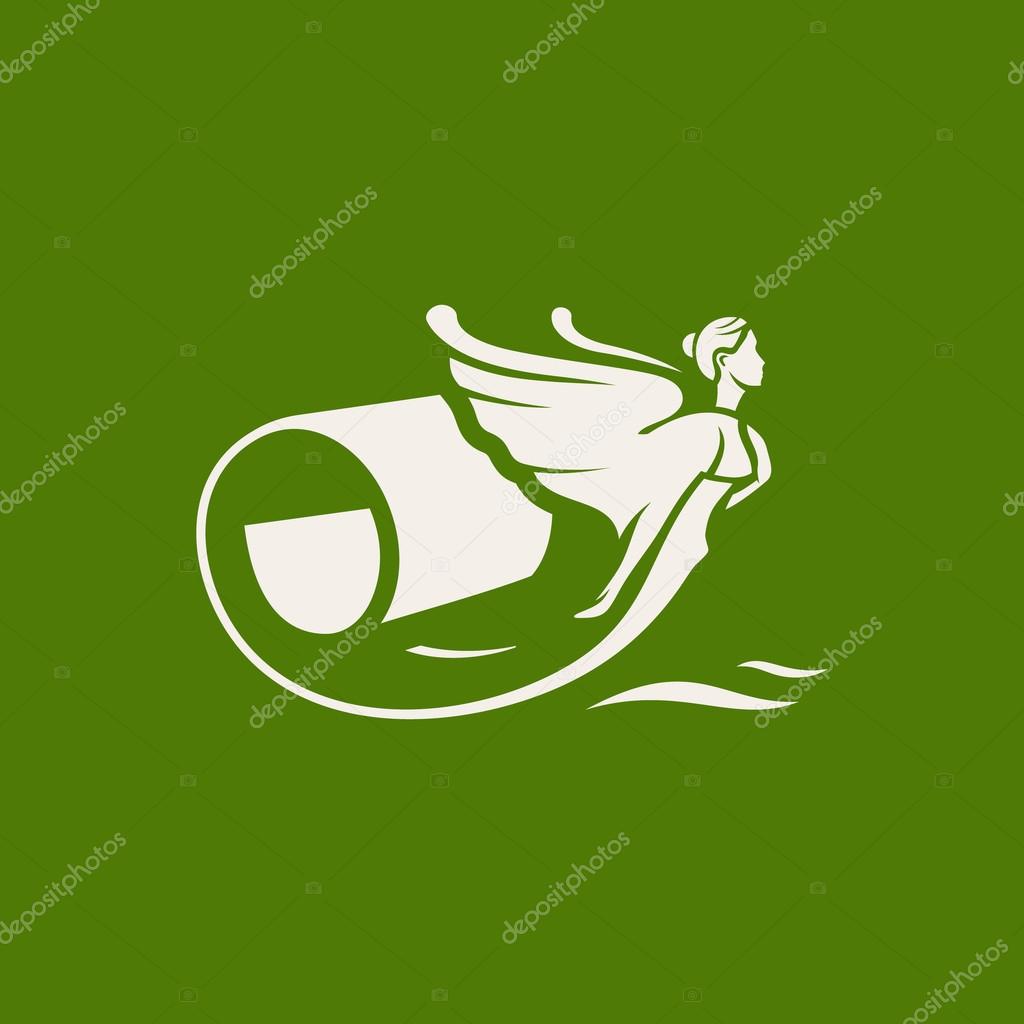 Winged woman figure on ship.  Branding identity corporate logo isolated on green background