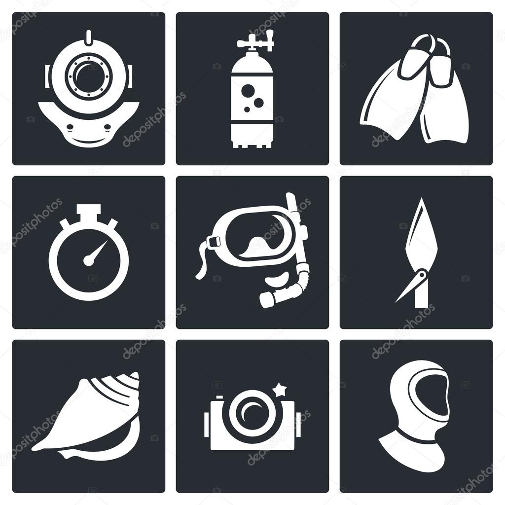 Diving, snorkeling icons set