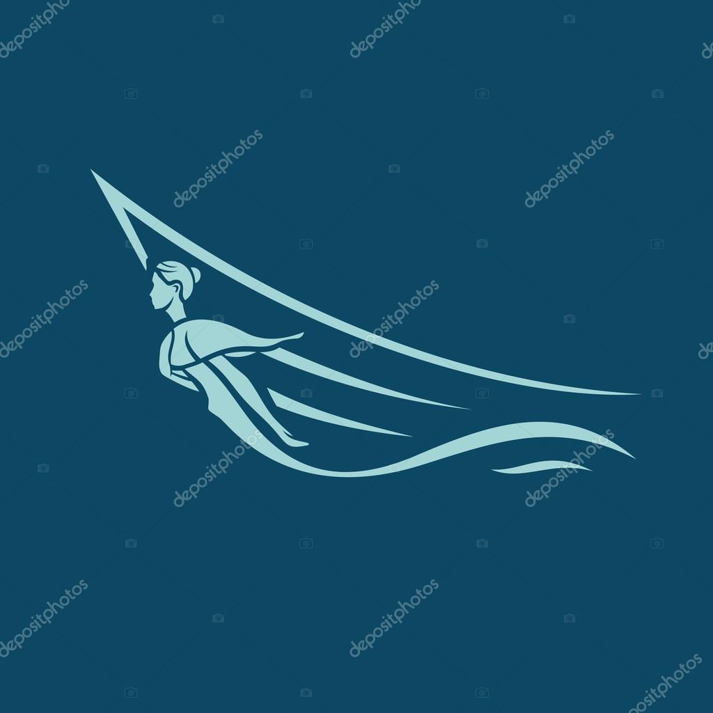 Winged woman figure on    ship.  Branding identity corporate logo isolated on blue background