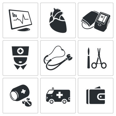 Kalp hastalığı, hastane Icons Set