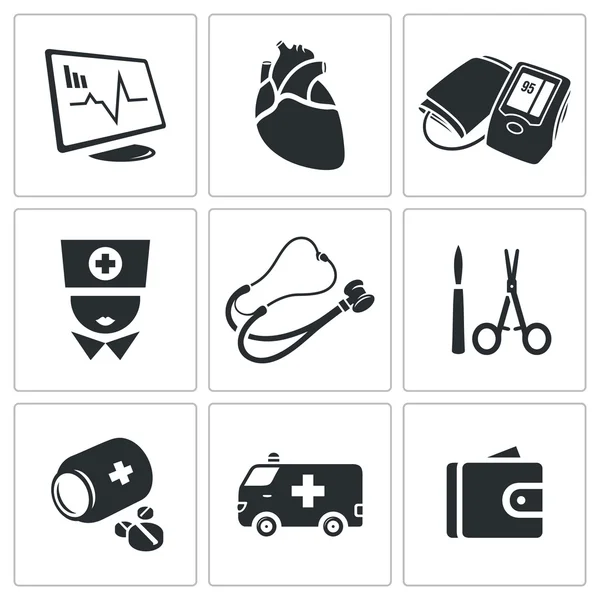 Enfermedad cardíaca, conjunto de iconos del hospital — Vector de stock