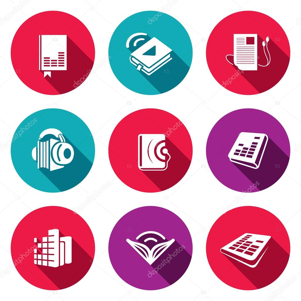 Audio book icon collection on a colored background