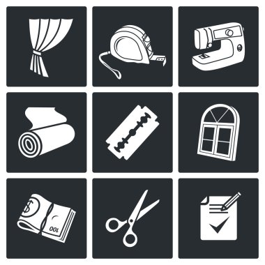 Dikiş perdeler Icons Set hizmet
