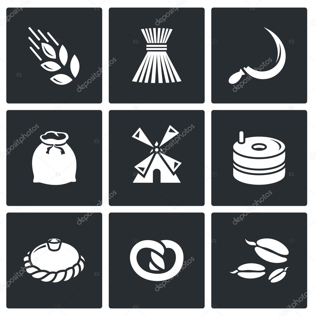 Mill and bread icons set