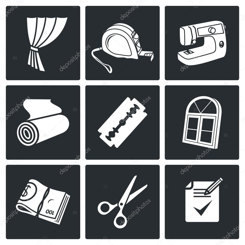 Sewing curtains service  Icons Set