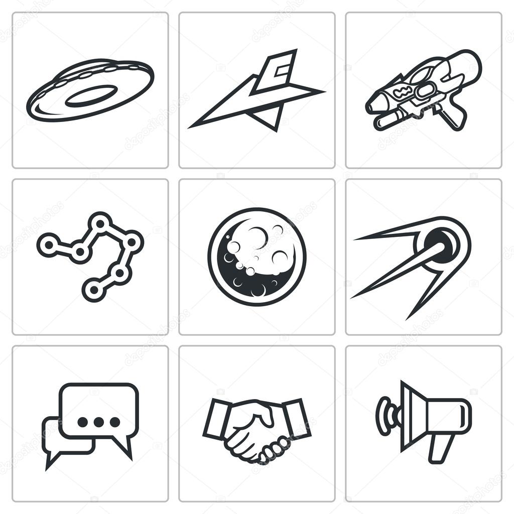 Aliens, search, Contact icons.