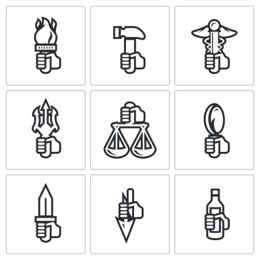 Symbols in Greek mythology icons set vector Symbols in Greek mythology icons set vector