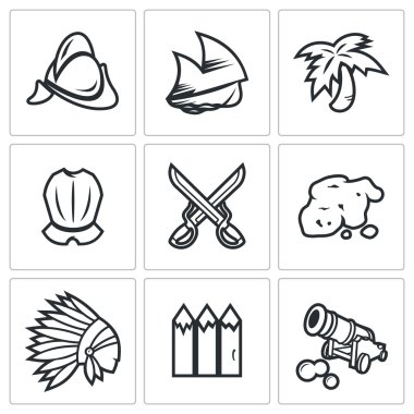 Conquistadors, Indians and gold icons set clipart
