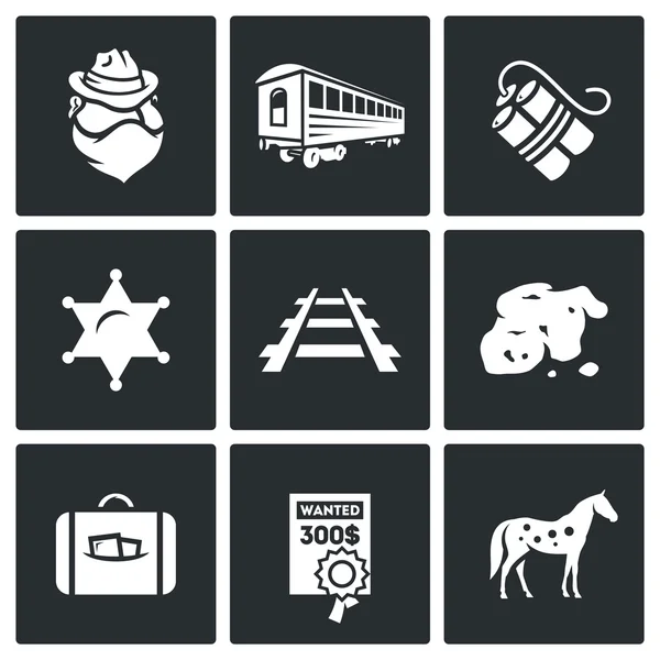 Train robbery in Wild West icons — Stock Vector