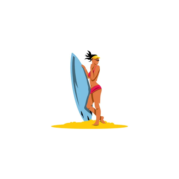 Mooie surfer meisje met surfplank teken. — Stockvector