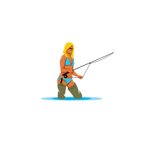 Femme tenant une barre de pêche signe . — Image vectorielle