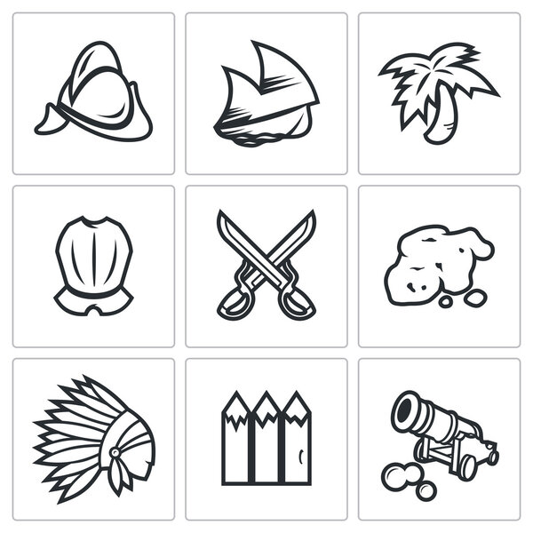 Conquistadors, Indians and gold icons set